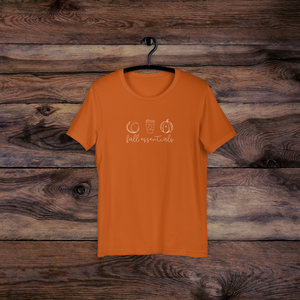 Autumn orange colored t-shirt with fall essentials (baseball, coffee, and pumpkins)